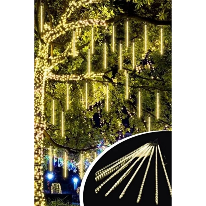 10lu 45 cm Plastik Meteor LED USB 2M Kablo Sarı Renk Ağaç Işığı – Renk Değiştiren Asmalı Dekoratif Bahçe ve Dış Mekan Aydınlatması