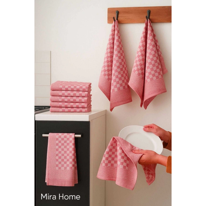 10 lu Dama Desenli Mutfak Kurulama Bezi 50x70 Cm  Kırmızı