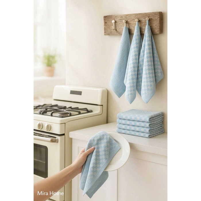 10 lu Dama Desenli Mutfak Kurulama Bezi 50x70 Cm  Mavi