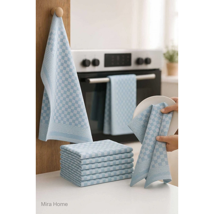 10 lu Dama Desenli Mutfak Kurulama Bezi 50x70 Cm  Mavi