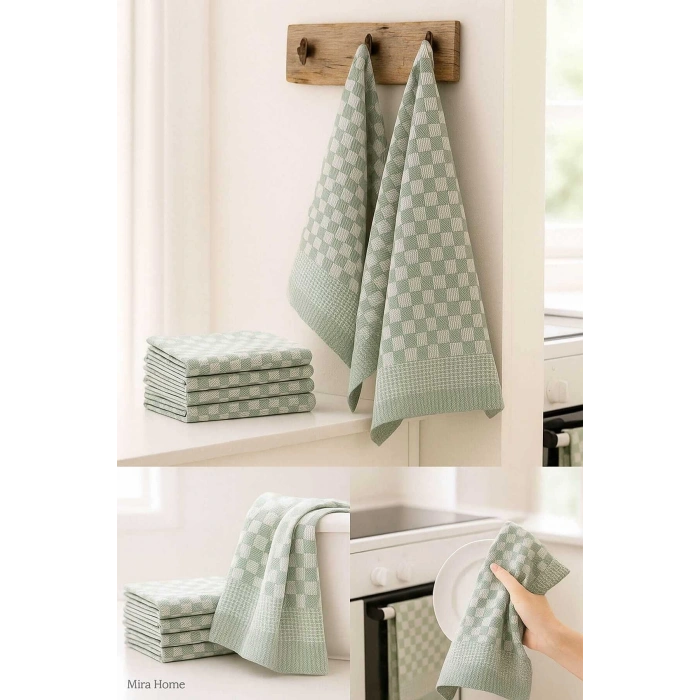 10 lu Dama Desenli Mutfak Kurulama Bezi 50x70 Cm  Yeşil