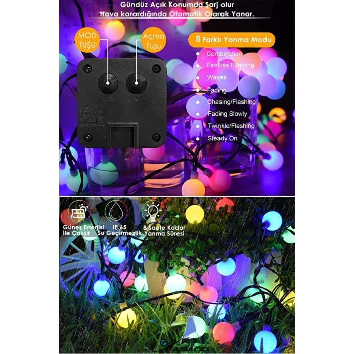 10 Metre 50 Top Güneş Enerjili Solar Led Işık Dekoratif Rgb Yılbaşı Bahçe Balkon Ve Teras