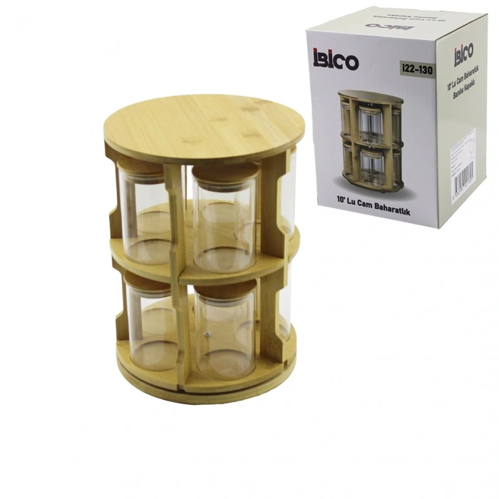 10 PCS YUVARLAK - DÖNER STANDLI CAM - BAMBU KAPAK TUZLUK - BAHARATLIK BAMBU STAND (5365)