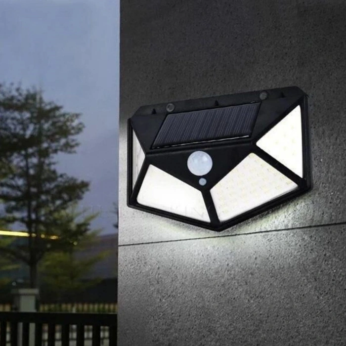 100 Ledli 3 Farklı Aydınlatma Ayarlı Solar Güneş Enerjili Hareket Sensörlü Bahçe Duvar Lambası (5365)