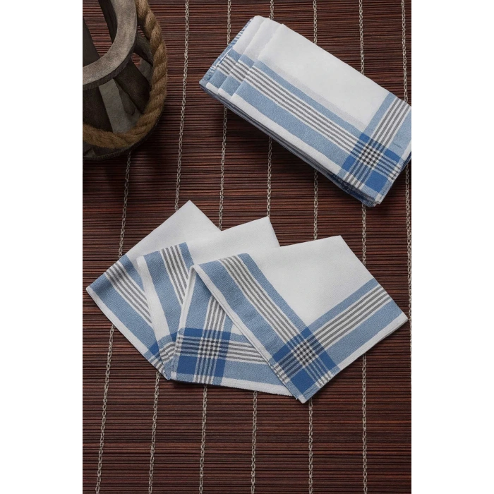 12 li Cep Yaka Mendili Pamuklu Şah Desen Mavi 30x30 Cm