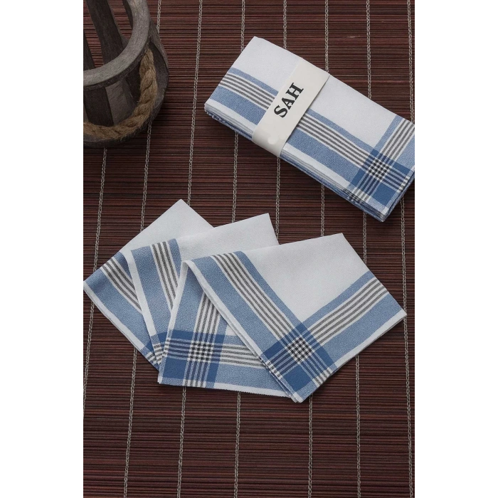 12 li Cep Yaka Mendili Pamuklu Şah Desen Mavi 30x30 Cm