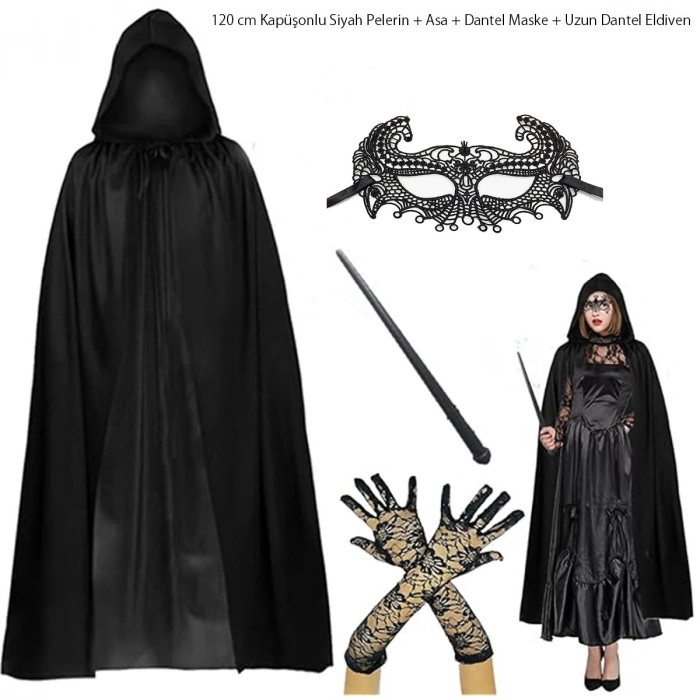 120 cm Hooded Black Cloak + Wand + Lace Mask + Long Lace Black Gloves Costume Set (5365)