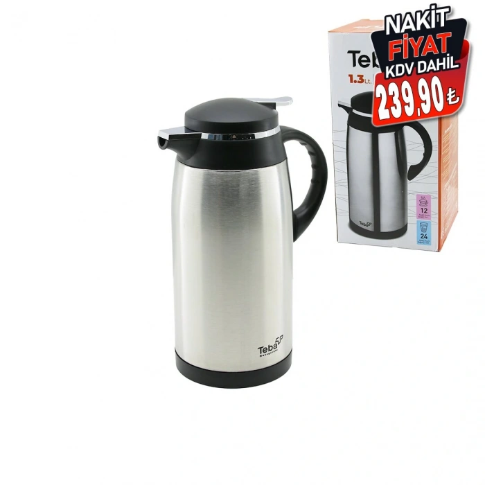 1.3LT ÇELİK TERMOS İÇ KISMI CAM 12 SAAT SICAK - 24 SAAT SOĞUK ÇİFT CONTALI KAPAK (5365)