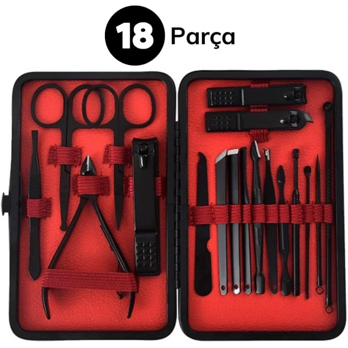18 Parça Manikür Pedikür Set Kutusu Çelik Deri Çantalı Bakım Seti (5365)