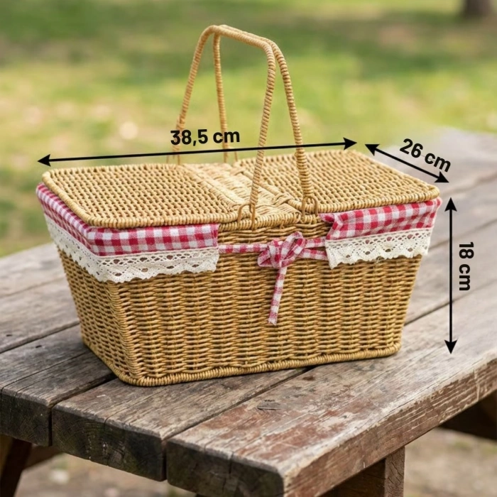 2 Kapaklı Dikdörtgen Plastik Rattan Piknik Sepeti – Doğal Hasır Görünümlü Çok Amaçlı Piknik, Plaj ve Bahçe Sepeti (5365)