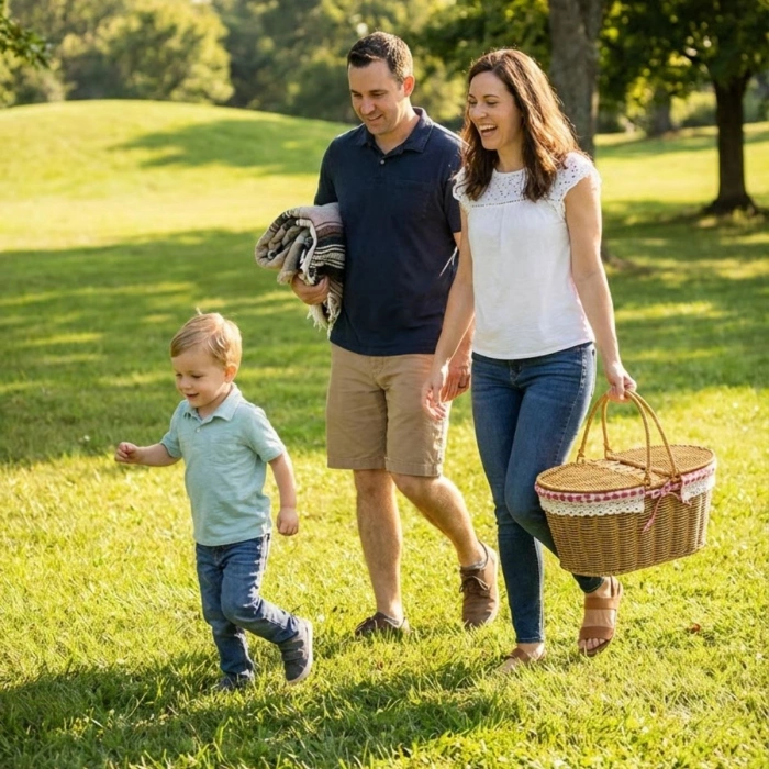 2 Kapaklı Oval Plastik Rattan Piknik Sepeti – Doğal Hasır Görünümlü Çok Amaçlı Piknik, Plaj ve Bahçe Sepeti (5365)