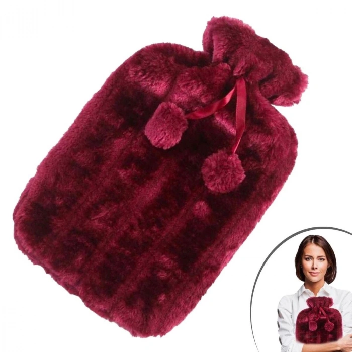 2 Litre Ponponlu Peluş Sıcak Su Torbası 1.Sınıf Kauçuk Malzeme (5365)