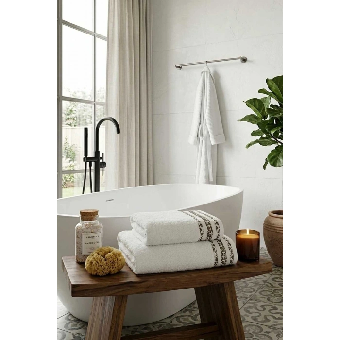 2 Parça Banyo Havlu Seti %100 Pamuk 70x140+50x90 Cm Savana Beyaz