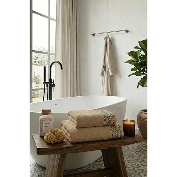 2 Parça Banyo Havlu Seti %100 Pamuk 70x140+50x90 Cm Savana Kum Beji