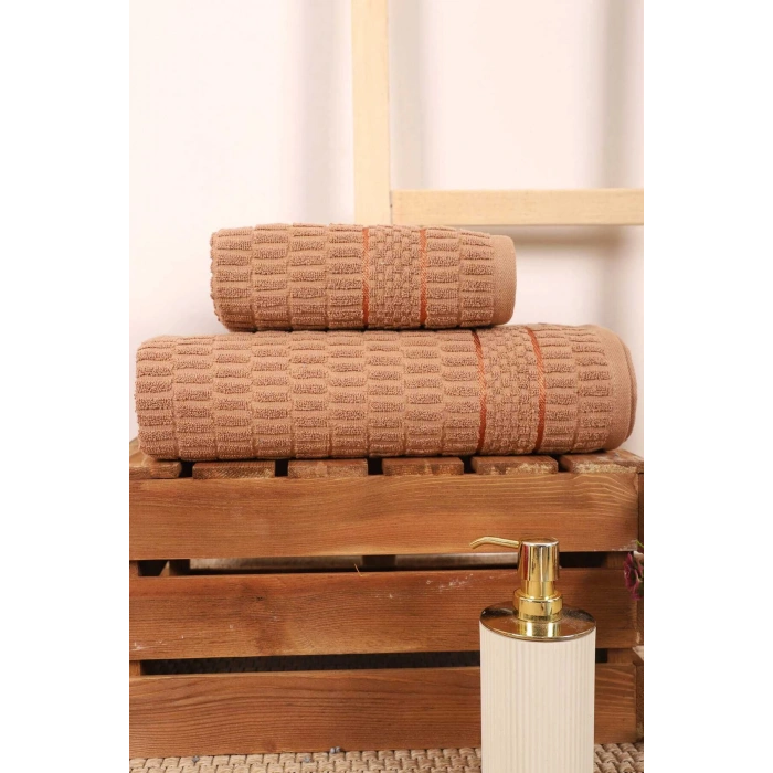 2 Piece Bathroom Towel Set 100% Cotton Stick Pattern Brown
