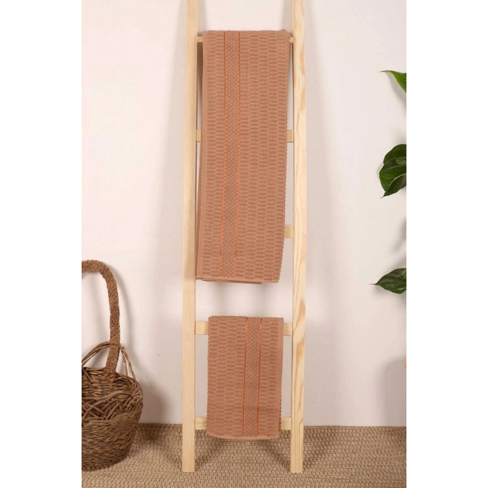 2 Piece Bathroom Towel Set 100% Cotton Stick Pattern Brown