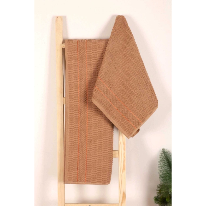 2 Piece Bathroom Towel Set 100% Cotton Stick Pattern Brown