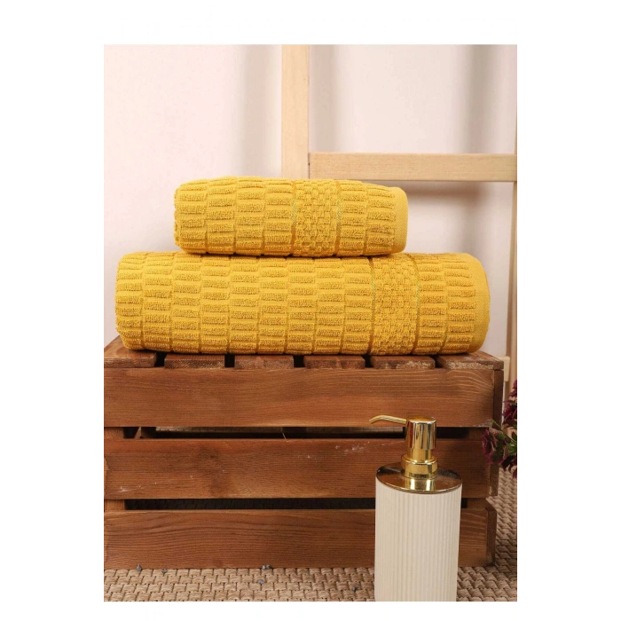 2 Piece Bathroom Towel Set %100 Cotton Stick Pattern Yellow