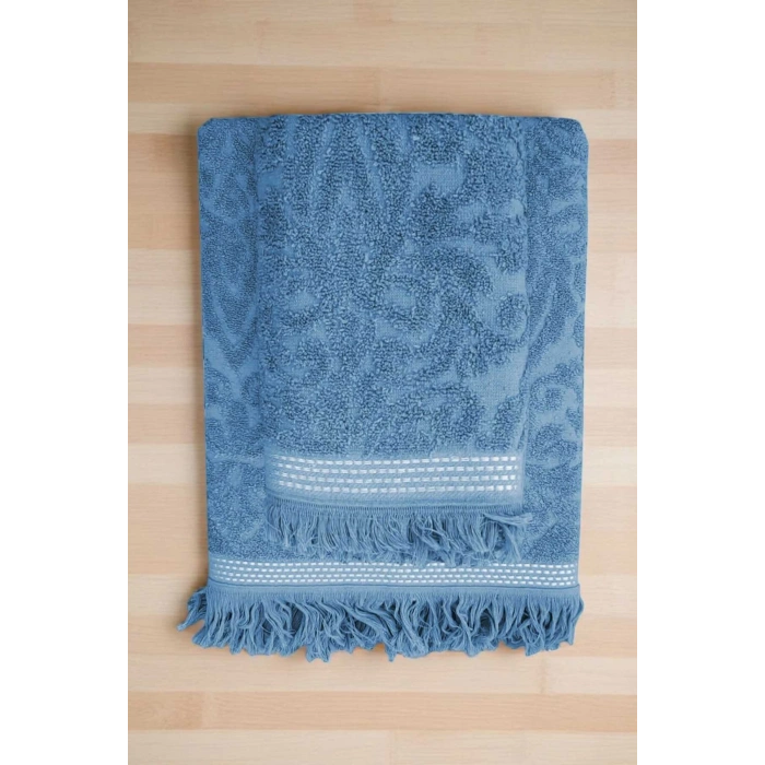 2 Parça Jakarlı Banyo Havlu Takımı %100 Pamuklu 90x150 Cm Arden Mavi