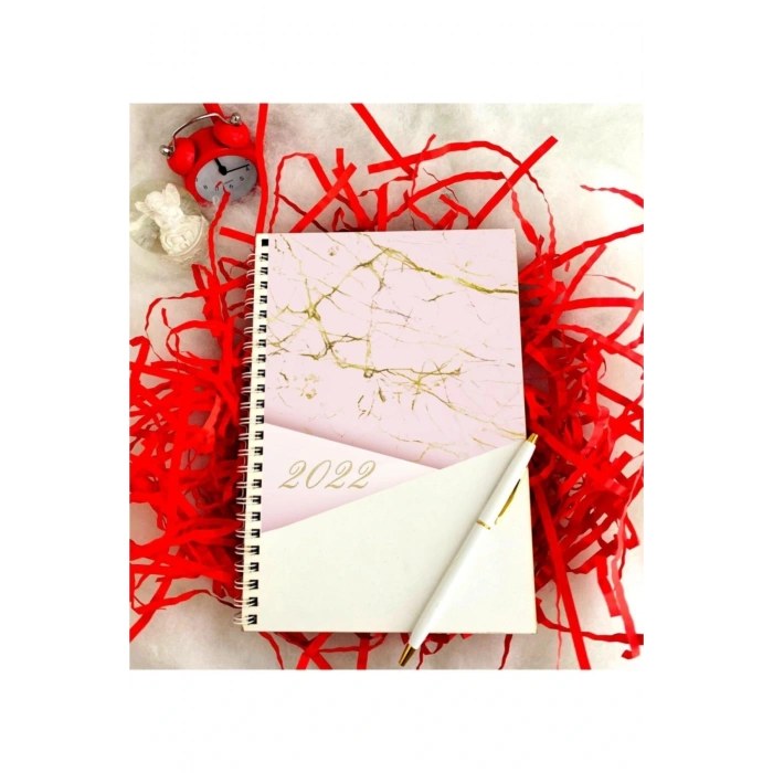 2022 Yılı Mermer Desen Ahşap Defter Kalem - Pembe