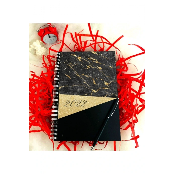 2022 Yılı Mermer Desen Ahşap Defter Kalem - Siyah