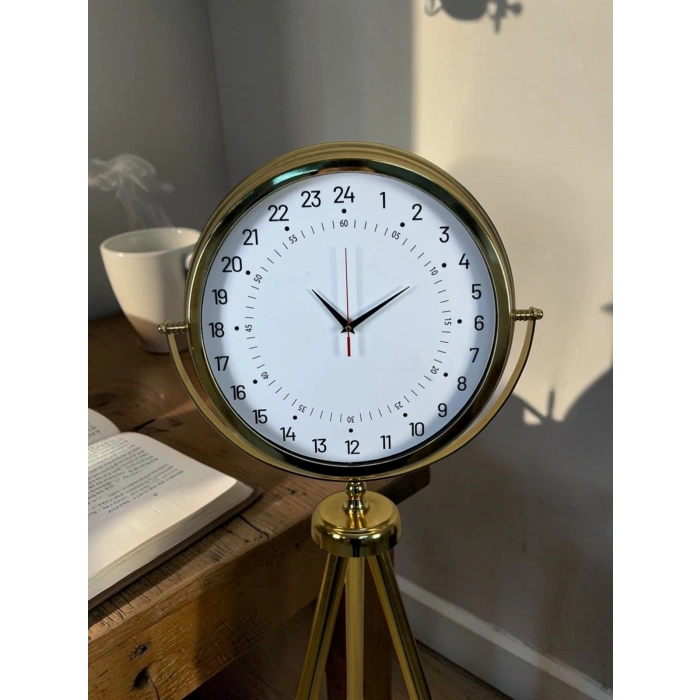 24 Saat Göstergeli Özel Tasarım Gold Tripod Ayaklı Duvar Saati