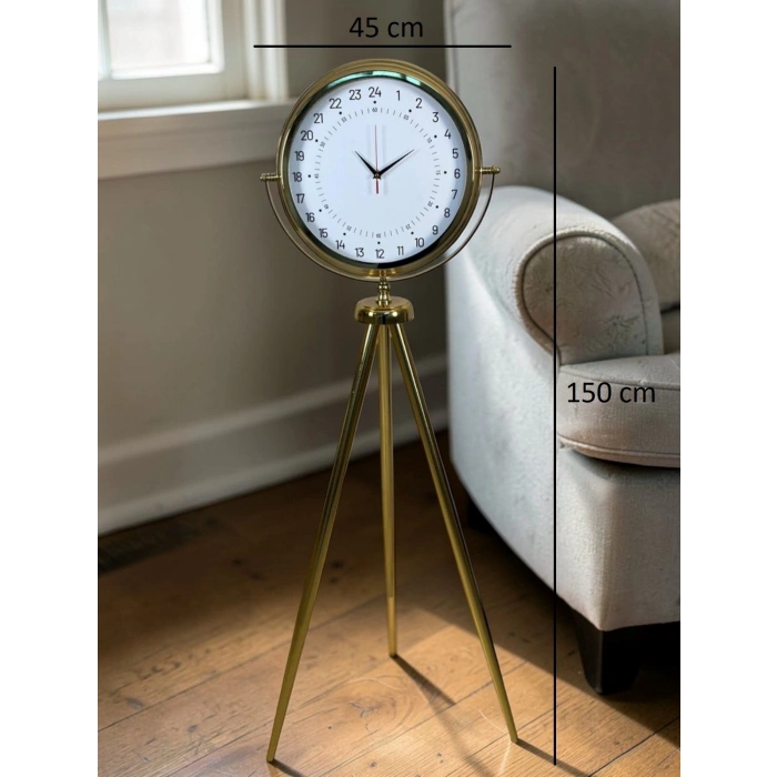 24 Saat Göstergeli Özel Tasarım Gold Tripod Ayaklı Duvar Saati