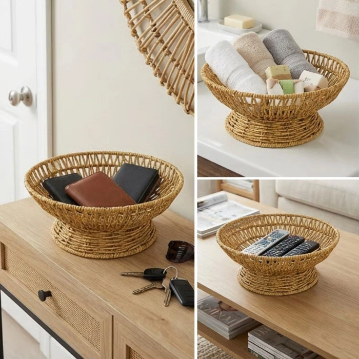 25 cm Plastik Rattan Servis Çanağı – Doğal Hasır Görünümlü Dekoratif Meyve, Ekmek ve Sunum Kasesi (5365)