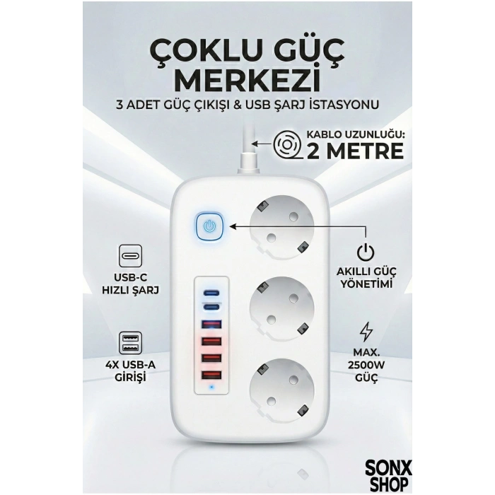 2500W Çoklu Priz 2 METRE – 3’lü AC Priz +5 USB Çıkışı AKIM KORUMALI Alev Almayan Gövde,