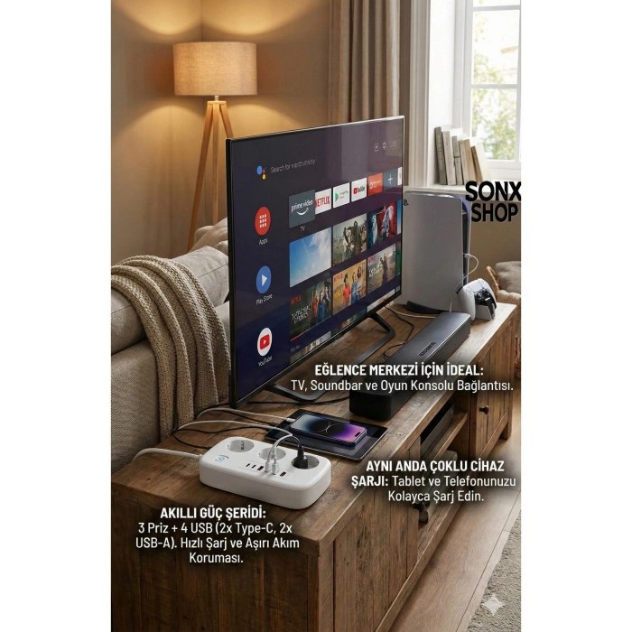 2500W Çoklu Priz 2 METRE – 3’lü AC Priz +5 USB Çıkışı AKIM KORUMALI Alev Almayan Gövde,