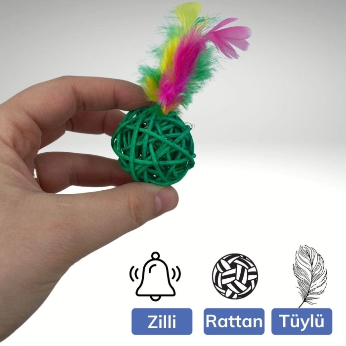 2li Rattan Renkli Peluş Tüy Kedi Köpek Oyuncak Yakalama Çiğneme Çıngıraklı Top Oyuncağı (5365)