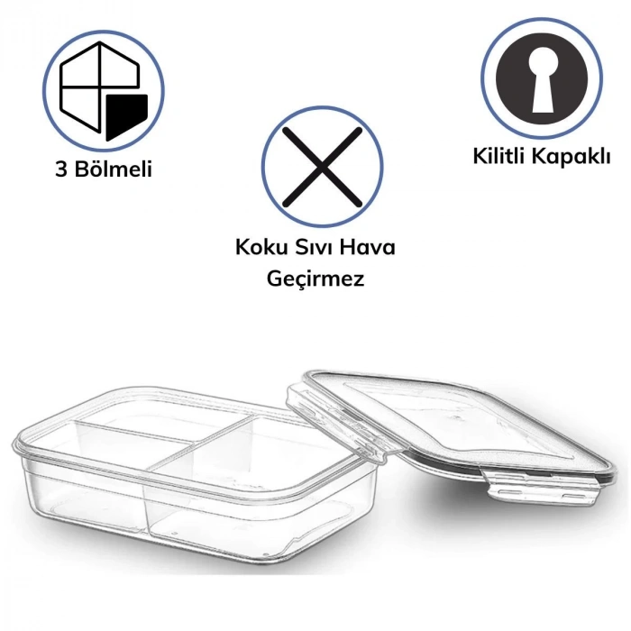 3 Bölmeli Kilitli Kapaklı 1 Litre Erzak Saklama Kabı LC-510 (5365)