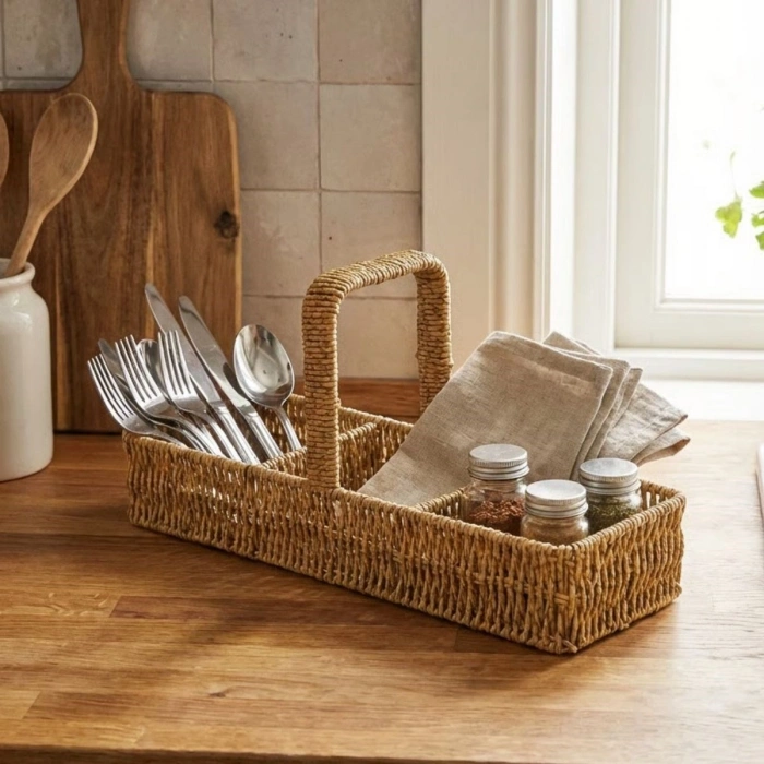 3 Bölmeli Plastik Rattan Düzenleyici–Saplı Masaüstü Organizer, Mutfak Kaşık Çatal Sepeti, Banyo &amp; Ofis Çok Amaçlı Sunum Standı (5365)