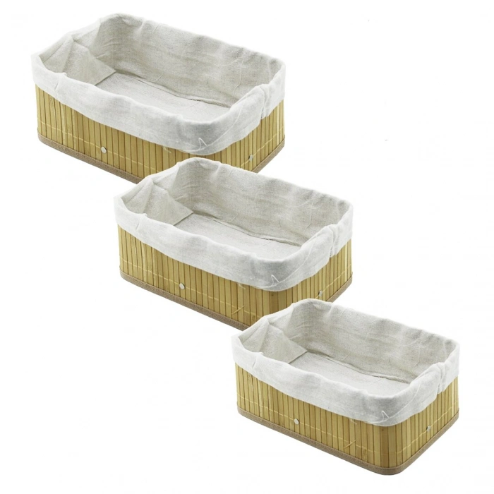 3 BOY DİKDÖRTGEN BAMBU KENAR ORGANİZER SEPET AHŞAP ALTLIK - BEZLİ 13X20-16X24-20X31CM (5365)