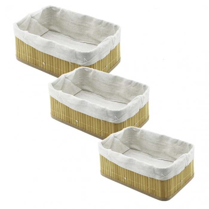 3 BOY DİKDÖRTGEN BAMBU KENAR ORGANİZER SEPET AHŞAP ALTLIK - BEZLİ 13X20-16X24-20X31CM (5365)