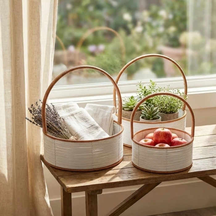 3 Boy İç İçe Geçebilen Plastik Rattan Sepetler–Beyaz Renkli,Kahverengi Saplı, Çok Amaçlı Düzenleyici ve Sunum Sepeti Seti (5365)