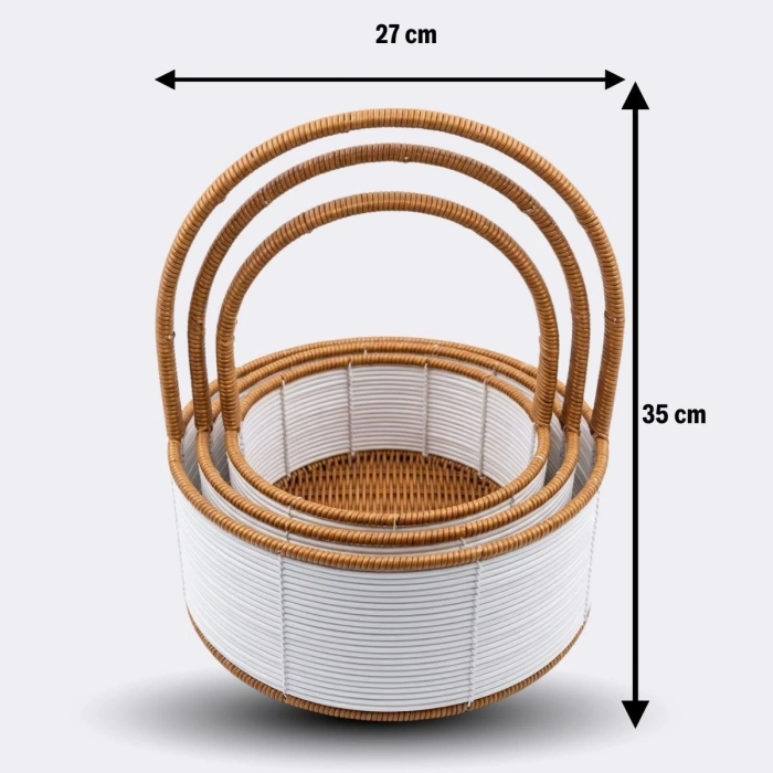 3 Boy İç İçe Geçebilen Plastik Rattan Sepetler–Beyaz Renkli,Kahverengi Saplı, Çok Amaçlı Düzenleyici ve Sunum Sepeti Seti (5365)