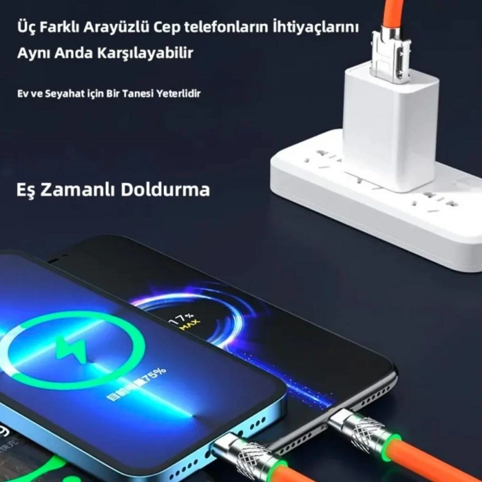 3 in 1 Type-C + Micro Usb + Lightning Hızlı Şarj Kablosu Silikon Kablo 1 Metre Opp Ambalaj (5365)