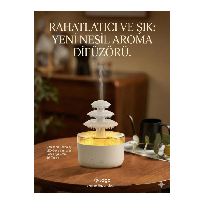 3 Katlı Şelale YAĞMUR Tasarımlı Ultrasonik Aroma Difüzör – 6 Renk LED Işıklı Hava Nemlendirici