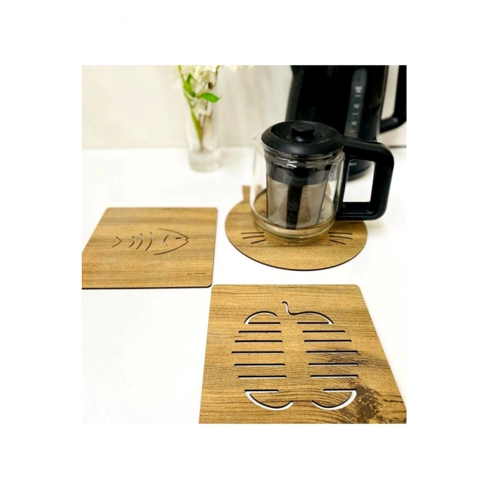 3lü Ahşap Tencere Tava Çaydanlık Altlığı Nihale Seti