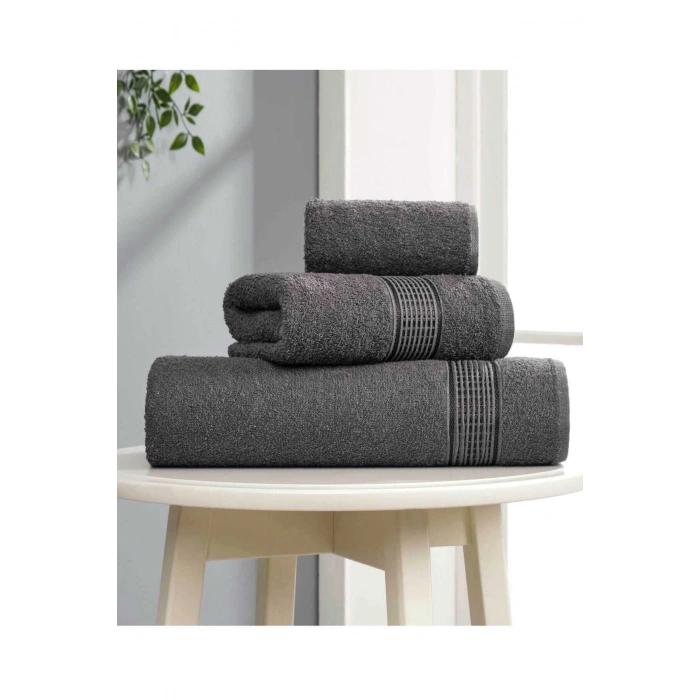 3 lü Banyo Havlusu Seti Pamuklu Ritim Antrasit