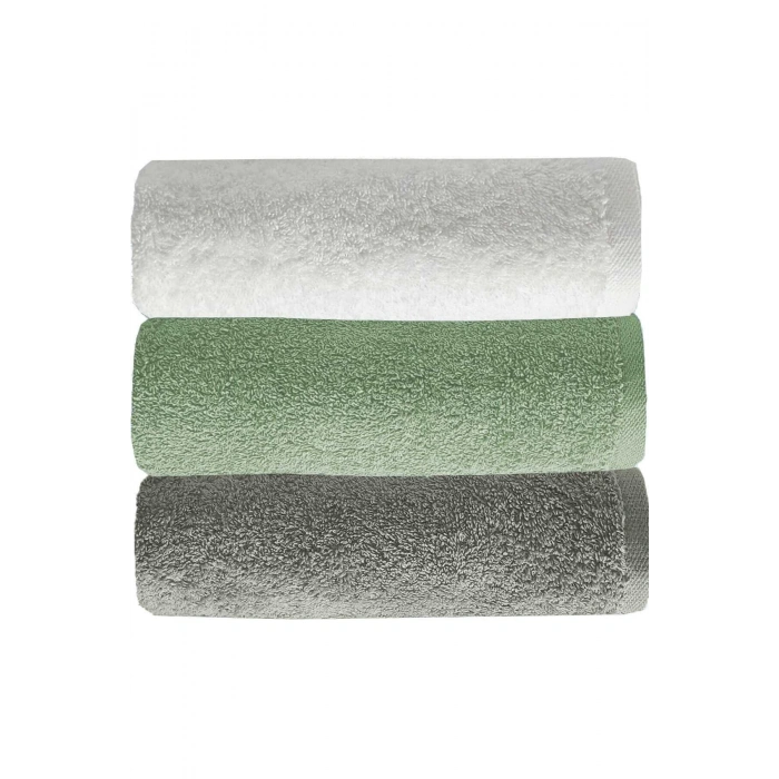 3 lü Düz Renk El Yüz Havlu Seti %100 Pamuklu 50x90 Cm Gri-Yeşil-Beyaz