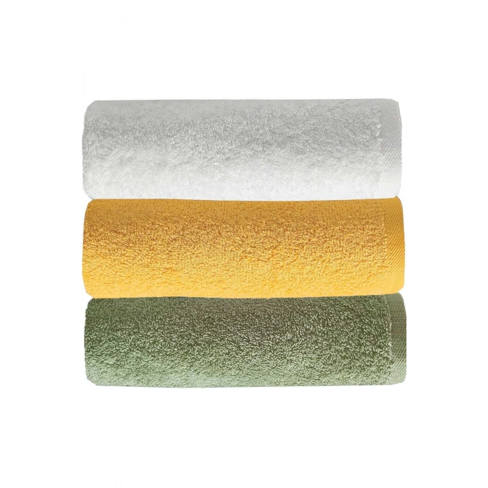 3 lü Düz Renk El Yüz Havlu Seti %100 Pamuklu 50x90 Cm Yeşil Sarı Beyaz
