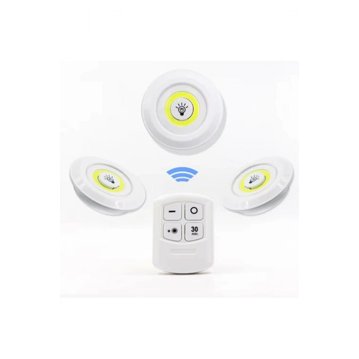 3 Lü Kumandalı Yapışkanlı Kablosuz Pilli Led Spot Lamba Işıldak