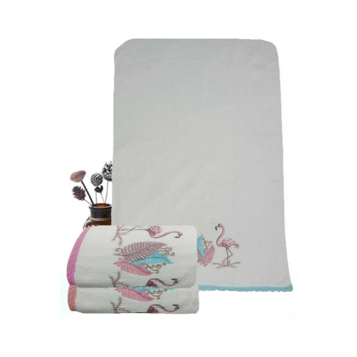 3 Lü Renkli Kuğu Nakışlı Su Taşı Kenar İşlemeli Havlu Seti 50X90 Cm