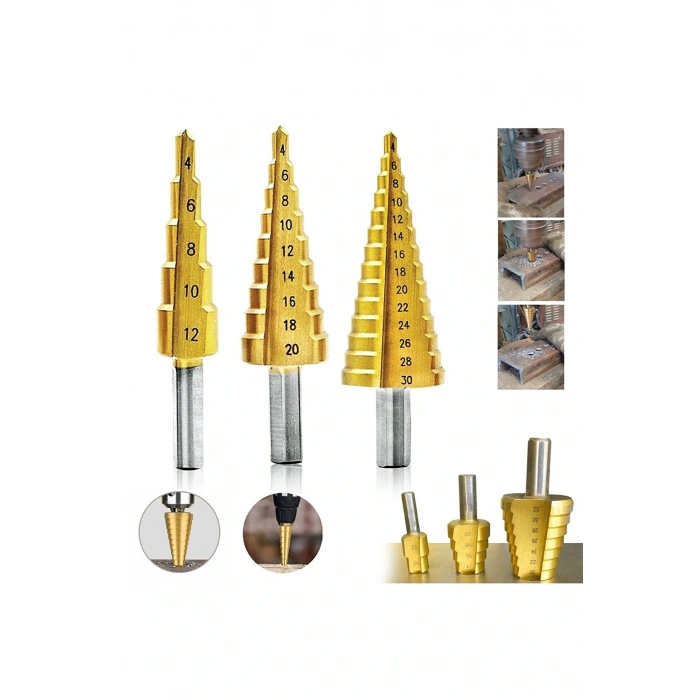 3 Piece Step Drill Bit Set Gradual Sheet Drilling Attachment HSS Titanium Coating (5365)