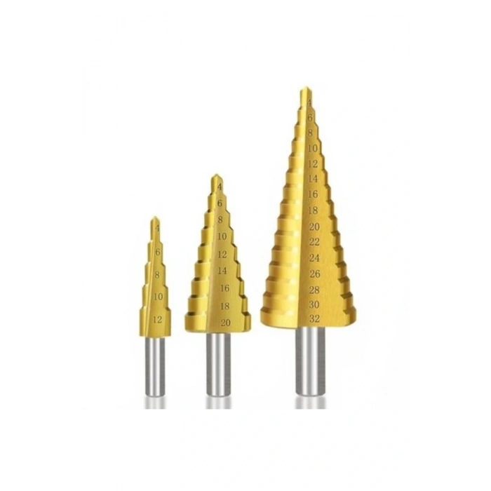 3 Piece Step Drill Bit Set Gradual Sheet Drilling Attachment HSS Titanium Coating (5365)