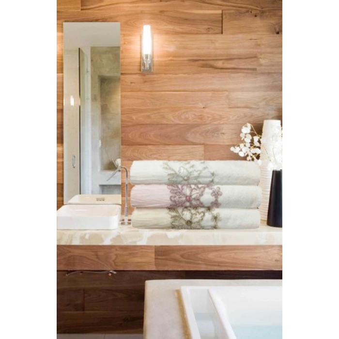 3 Lü Tül Dantel İşlemeli Boncuklu Havlu Seti 50X90 Cm