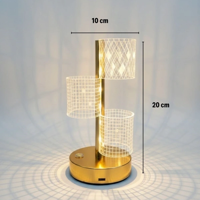 3 Parça Silindirik Kristal Ekose Kareli LED Masa Lambası – Gold Gövdeli, Dokunmatik, 3 Kademe Işık Ayarlı Şarjlı Dekoratif Lamba (5365)