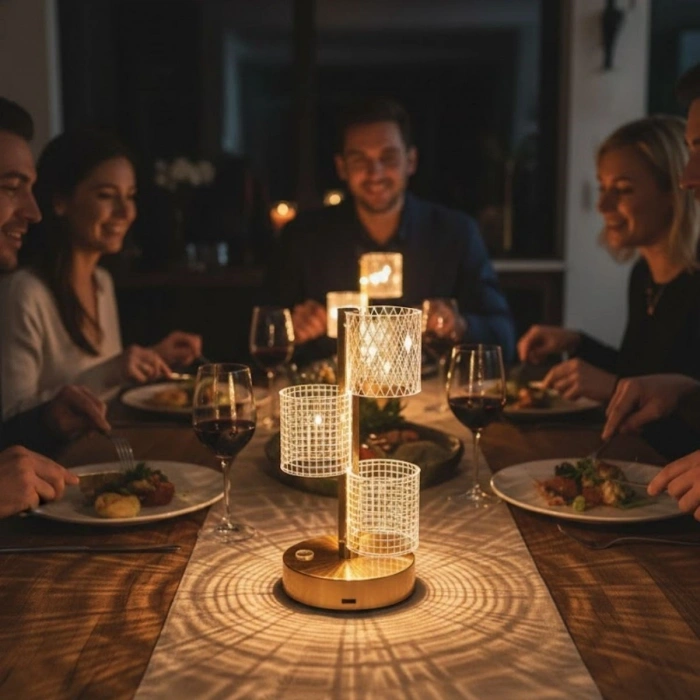 3 Parça Silindirik Kristal Ekose Kareli LED Masa Lambası – Gold Gövdeli, Dokunmatik, 3 Kademe Işık Ayarlı Şarjlı Dekoratif Lamba (5365)